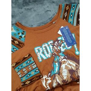 Panhandle Womens 3X Rodeo Horse Graphic Long Sleeve Top Orange Southwestern